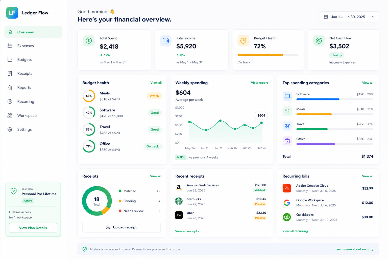Ledger Flow budget and receipt dashboard preview
