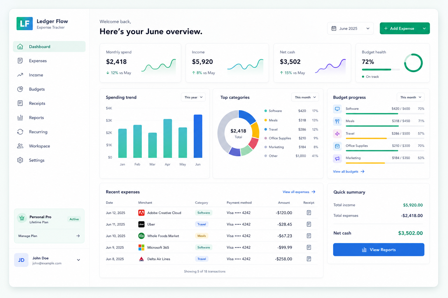 Ledger Flow expense overview dashboard preview